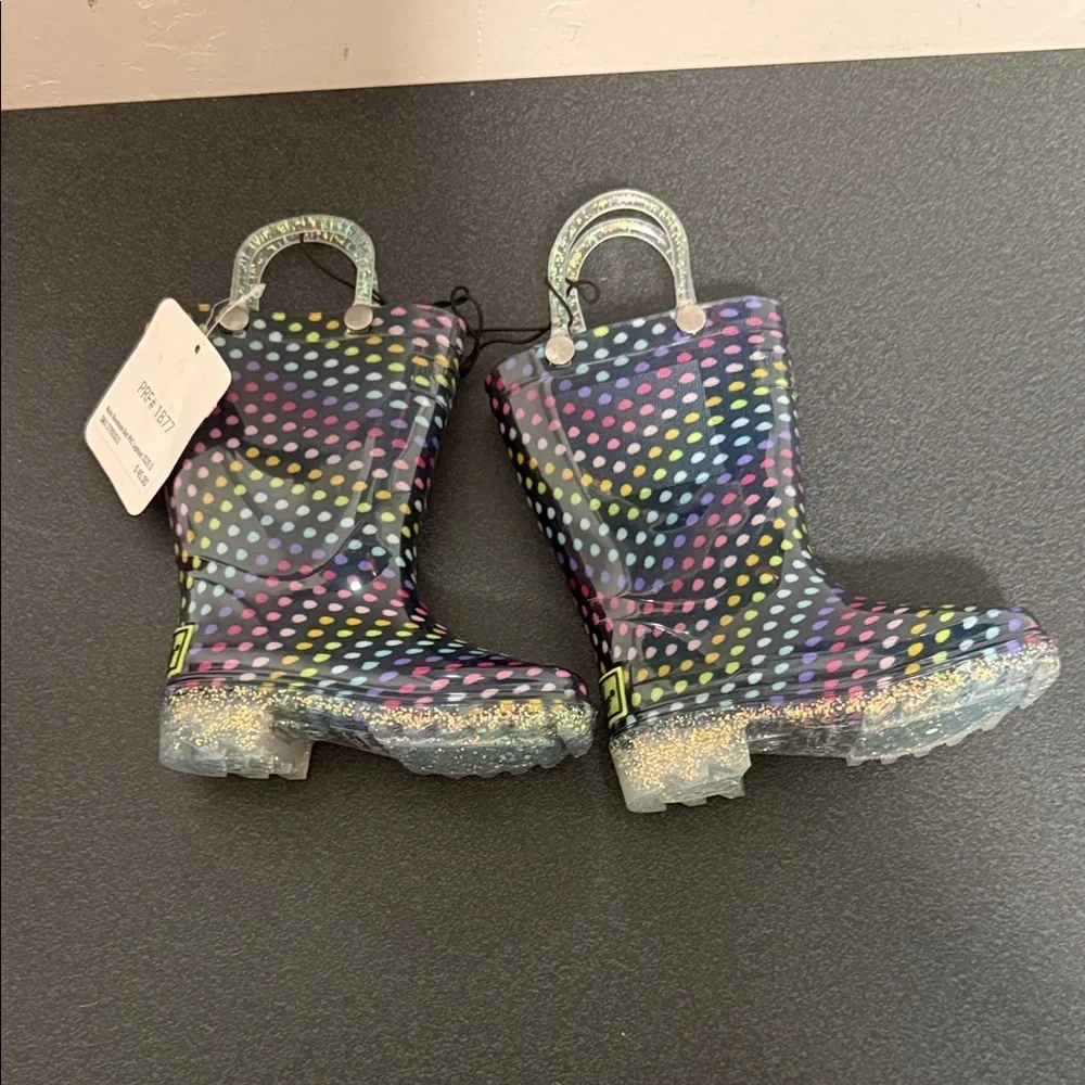 Western Chief Black Rain Boots with Multicolor Polka Dots and Glitter Soles